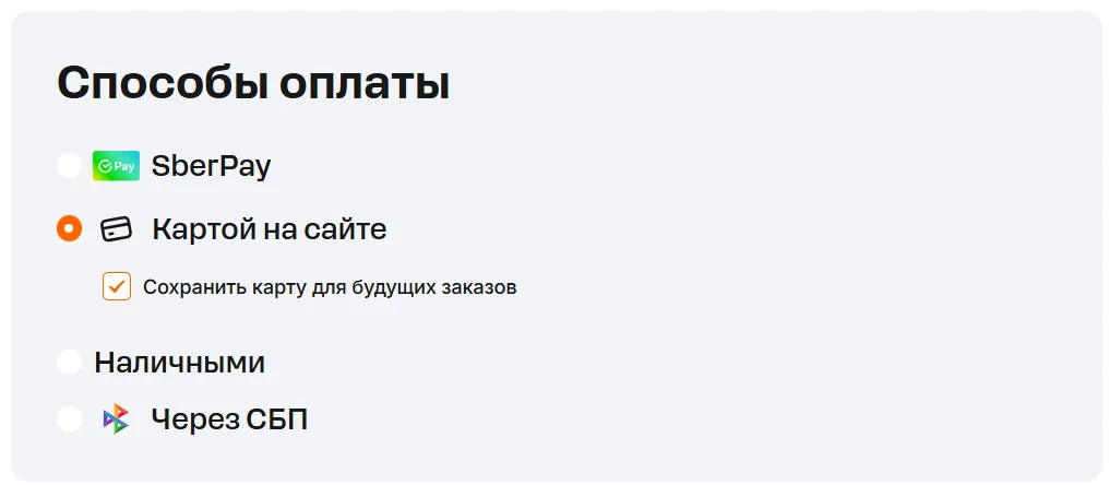 Пример способов оплаты: SberPay, карта на сайте, наличные, СБП